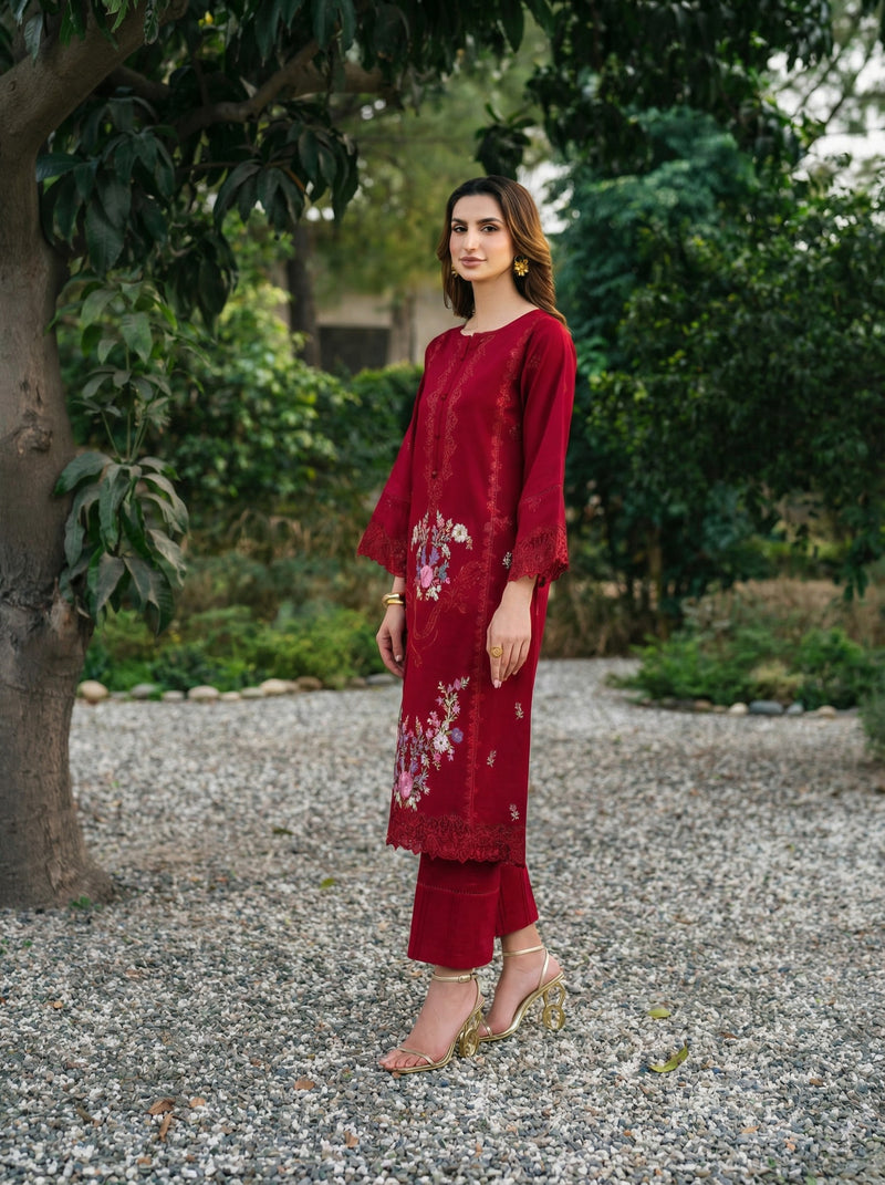 W25-119 2PC COTTON EMBROIDERED RED SHIRT WITH TROUSER.
