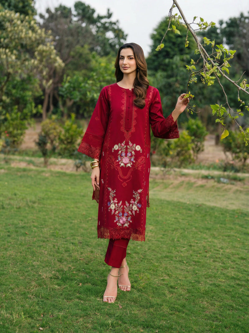 W25-119 2PC COTTON EMBROIDERED RED SHIRT WITH TROUSER.