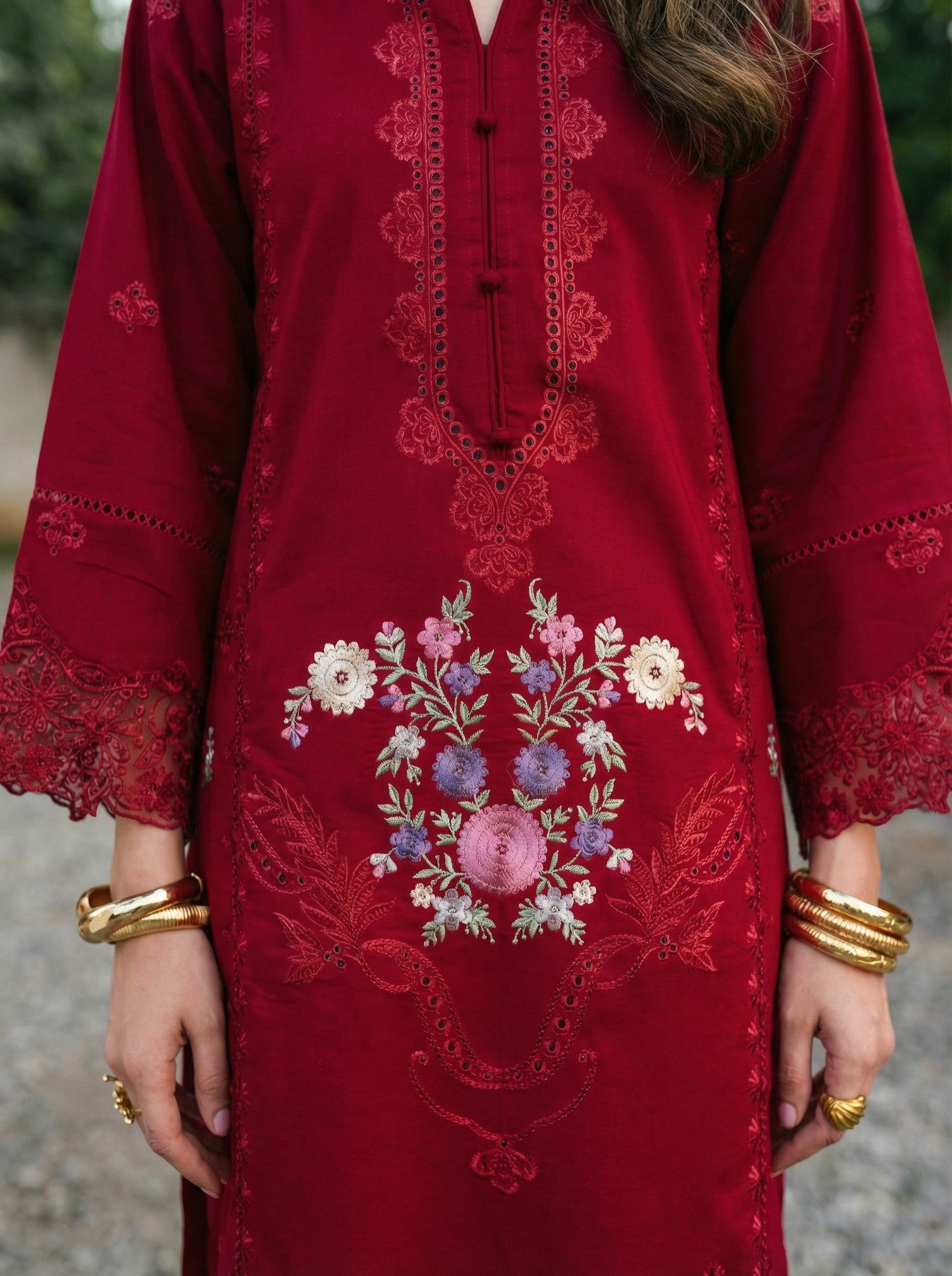 W25-119 2PC COTTON EMBROIDERED RED SHIRT WITH TROUSER.