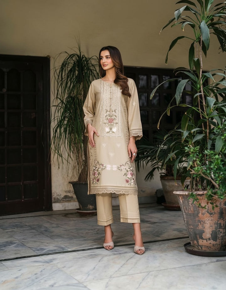 W25-120 2PC DHANAK EMBROIDERED SKIN SHIRT WITH TROUSER.