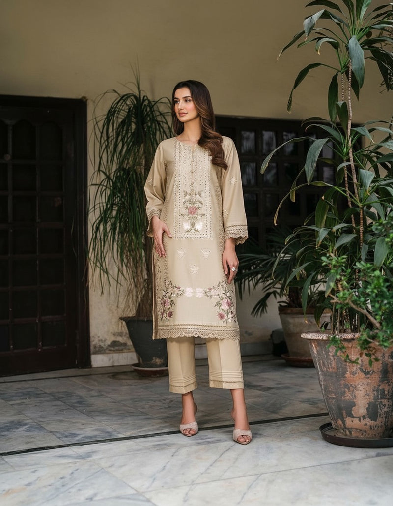 W25-120 2PC LAWN EMBROIDERED SKIN SHIRT WITH TROUSER.
