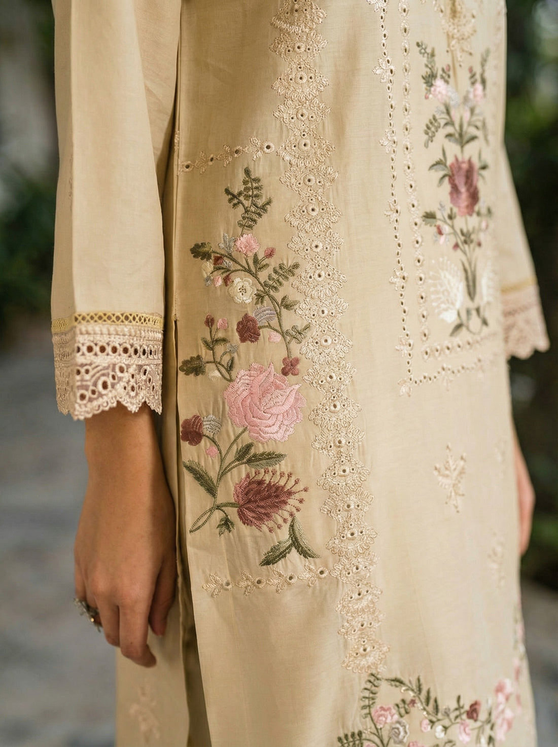 W25-120 2PC LAWN EMBROIDERED SKIN SHIRT WITH TROUSER.