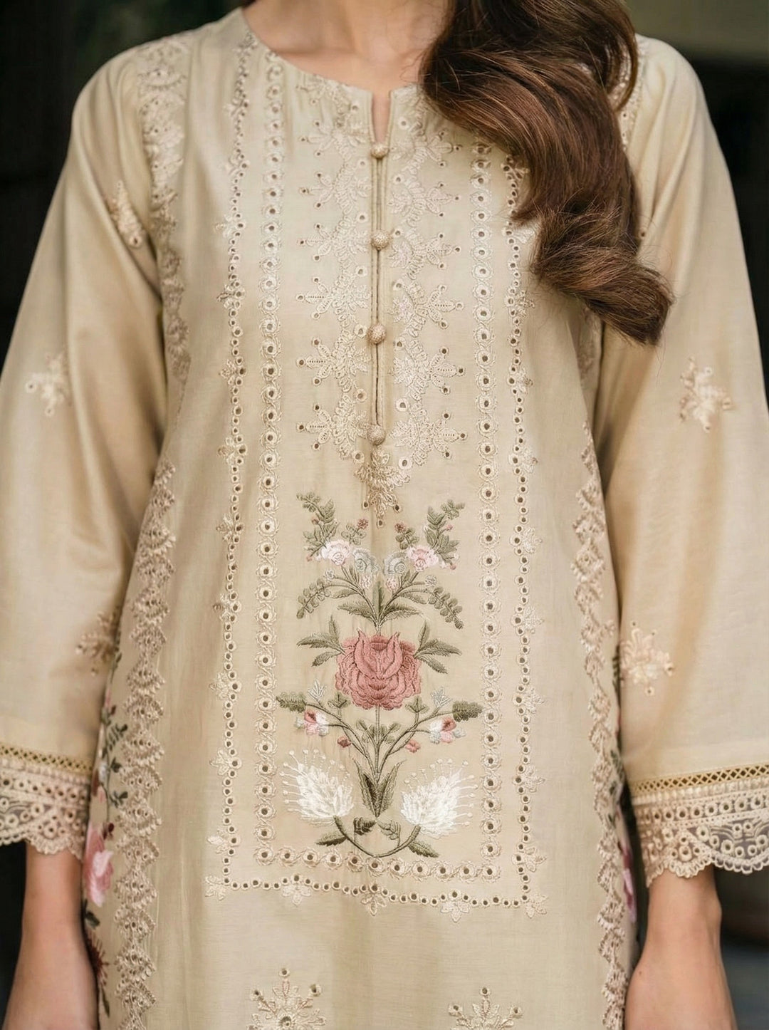 W25-120 2PC DHANAK EMBROIDERED SKIN SHIRT WITH TROUSER.