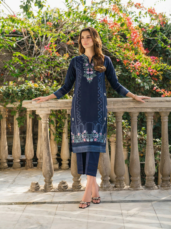 W25-121 2PC DHANAK EMBROIDERED NAVY BLUE SHIRT WITH TROUSER.