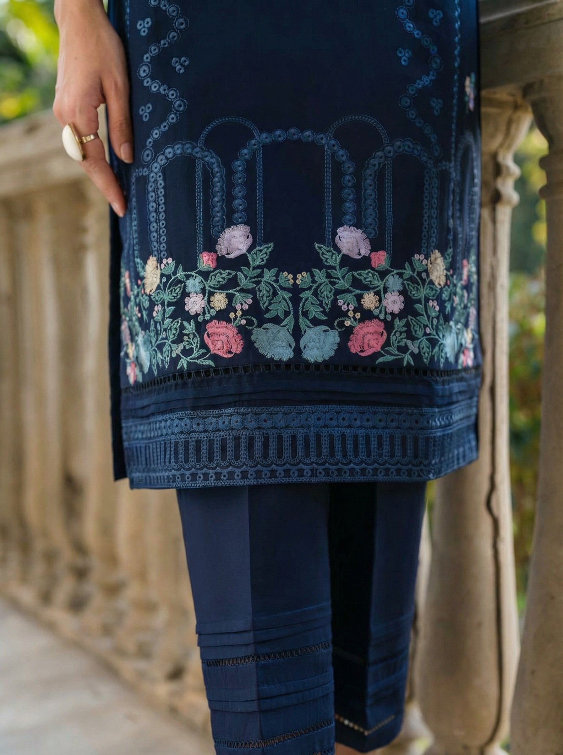 W25-121 2PC COTTON EMBROIDERED NAVY BLUE SHIRT WITH TROUSER.