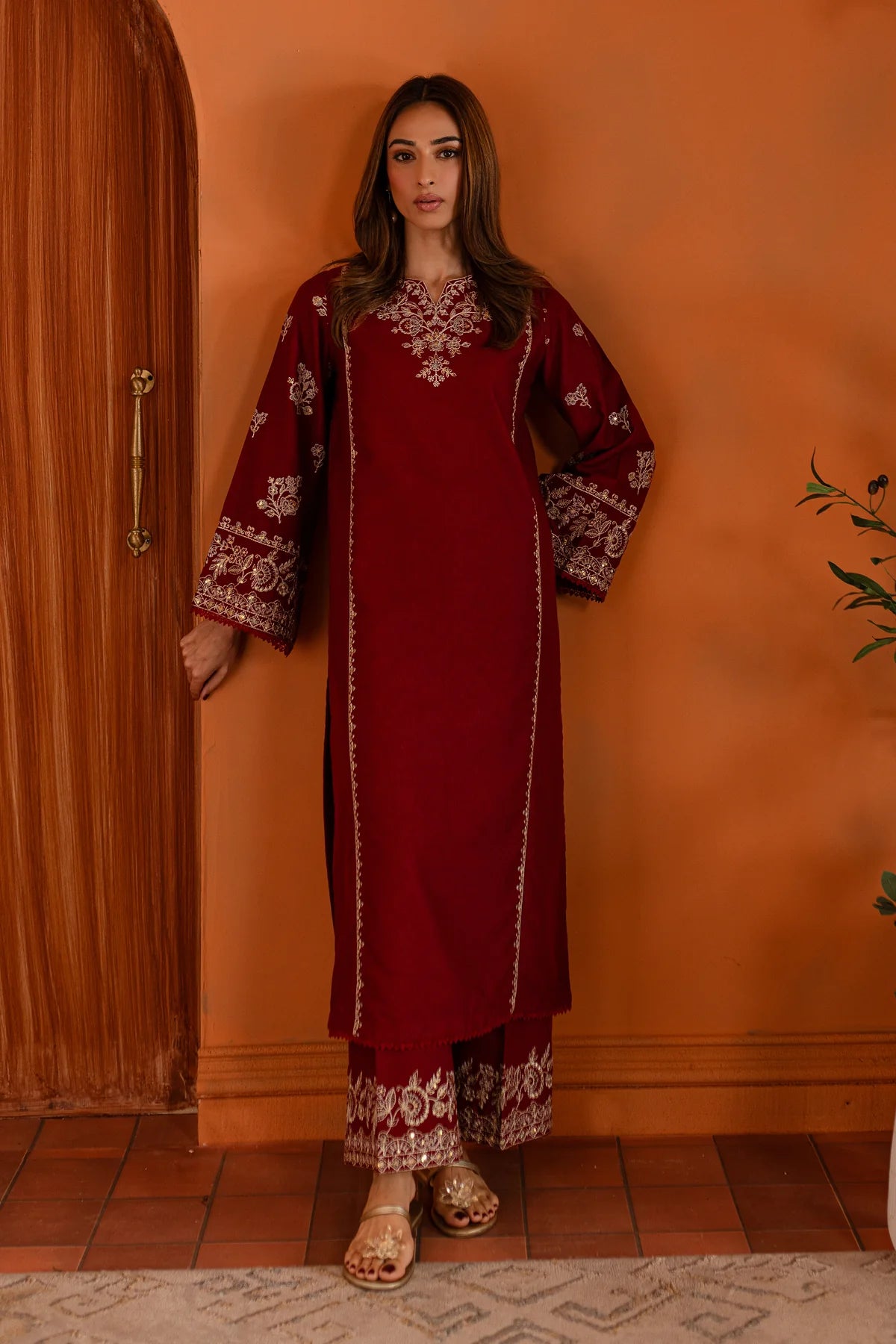 W-347 2PC Bold Red Embroidered Lawn Dress