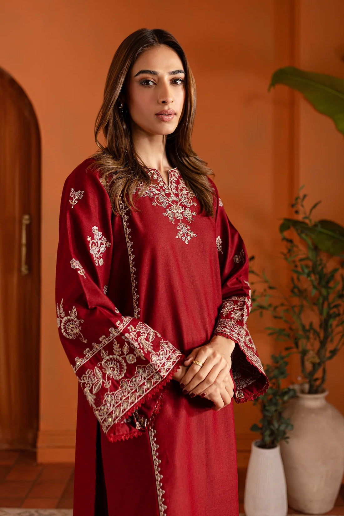 W-347 2PC Bold Red Embroidered Lawn Dress