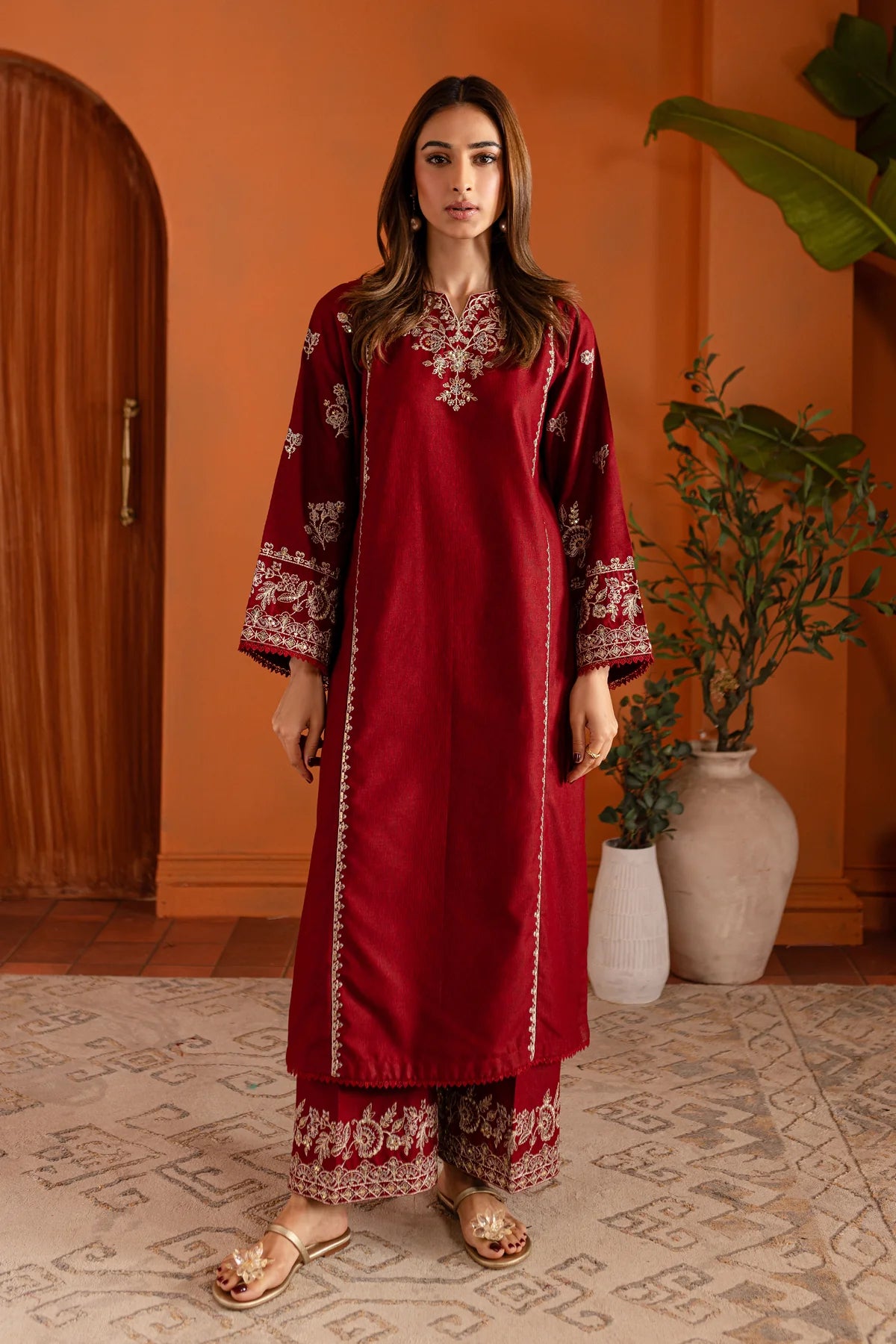 W-347 2PC Bold Red Embroidered Lawn Dress
