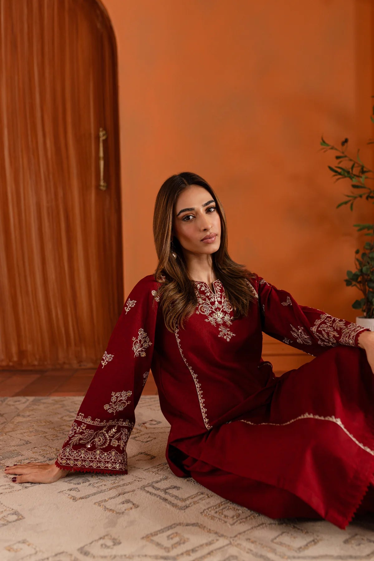 W-347 2PC Bold Red Embroidered Lawn Dress