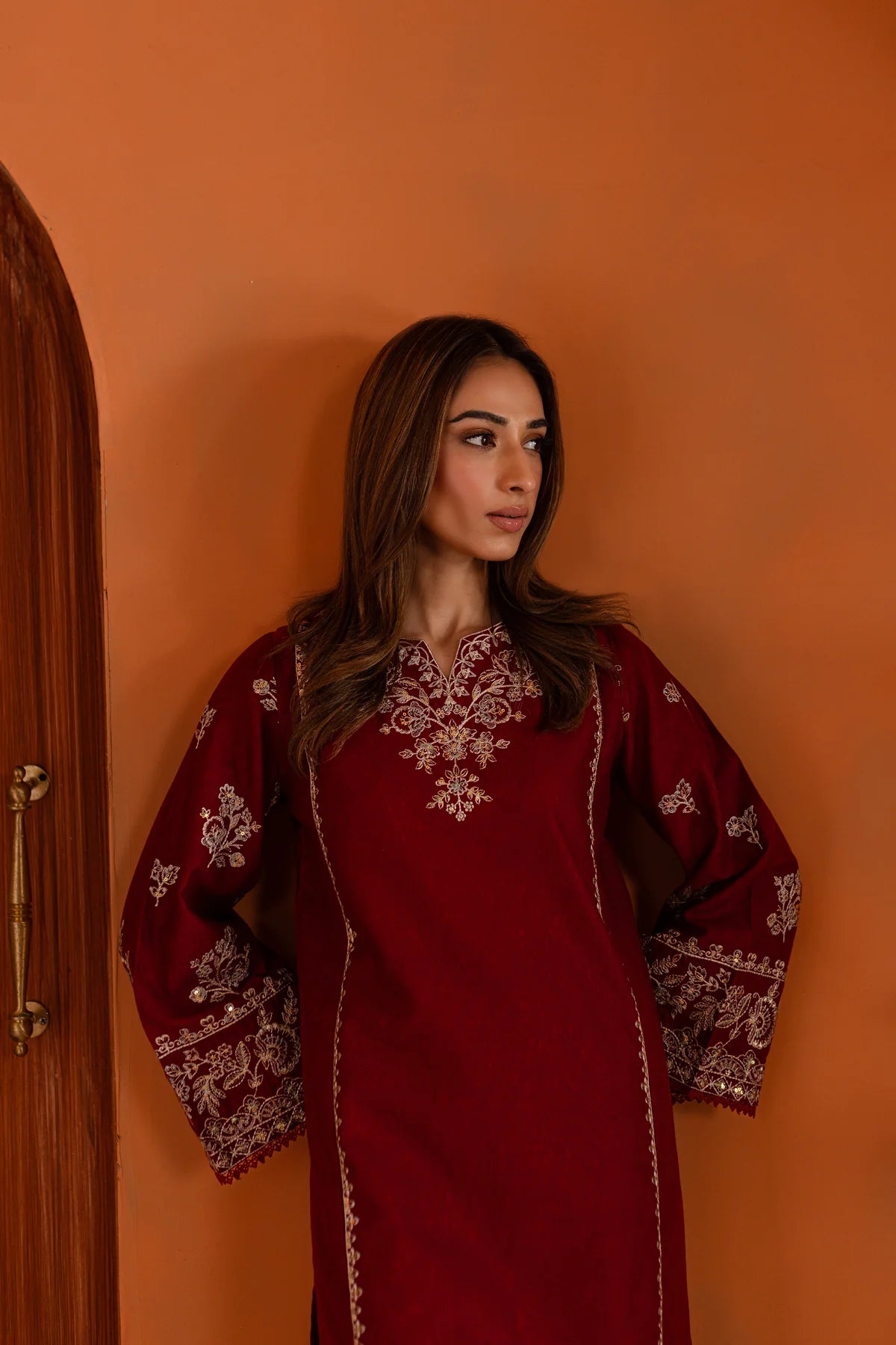 W-347 2PC Bold Red Embroidered Lawn Dress
