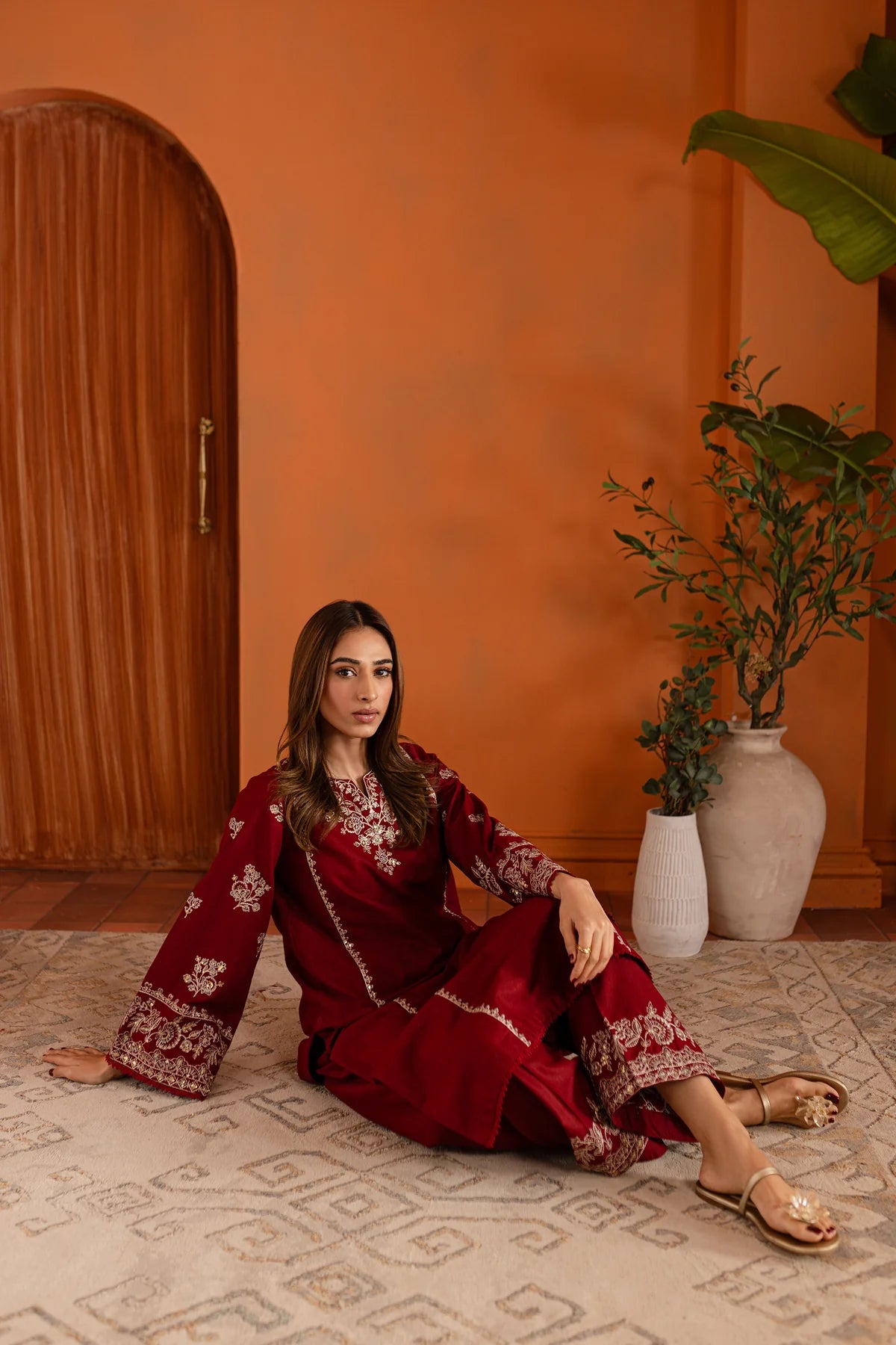 W-347 2PC Bold Red Embroidered Lawn Dress