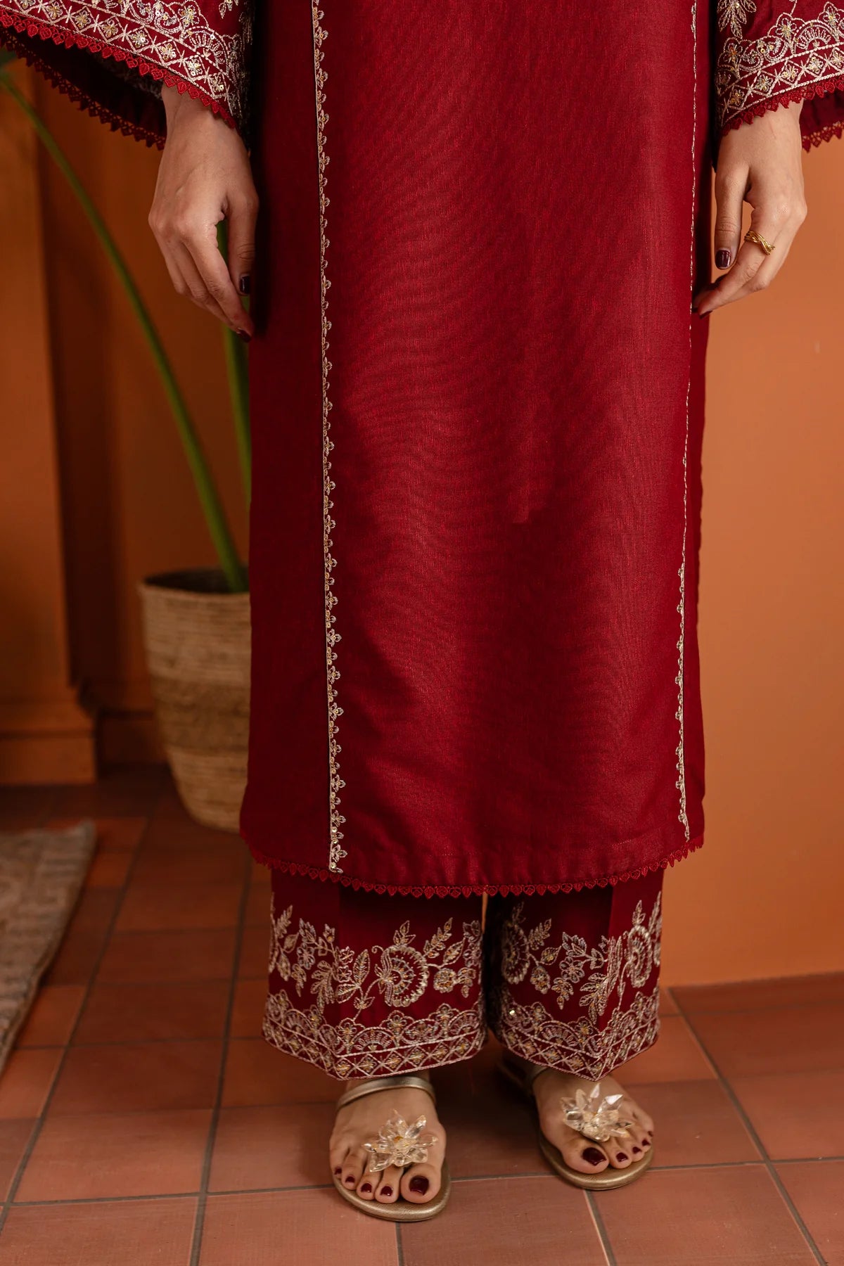 W-347 2PC Bold Red Embroidered Lawn Dress