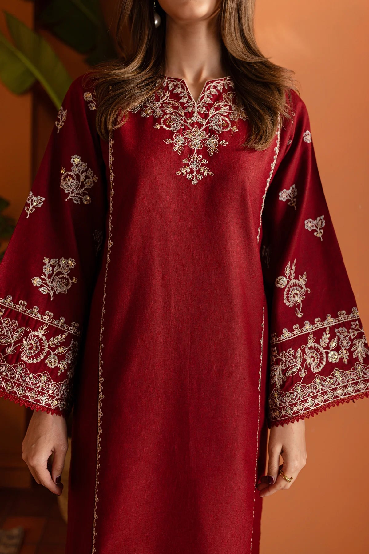 W-347 2PC Bold Red Embroidered Lawn Dress