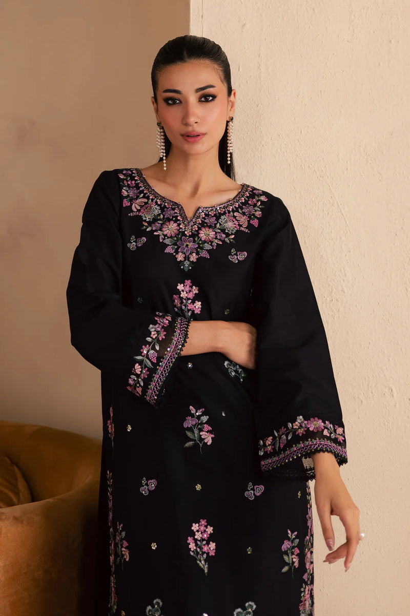 W25-123 2PC COTTON EMBROIDERED BLACK SHIRT WITH TROUSER.