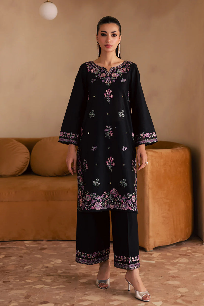 W25-123 2PC COTTON EMBROIDERED BLACK SHIRT WITH TROUSER.