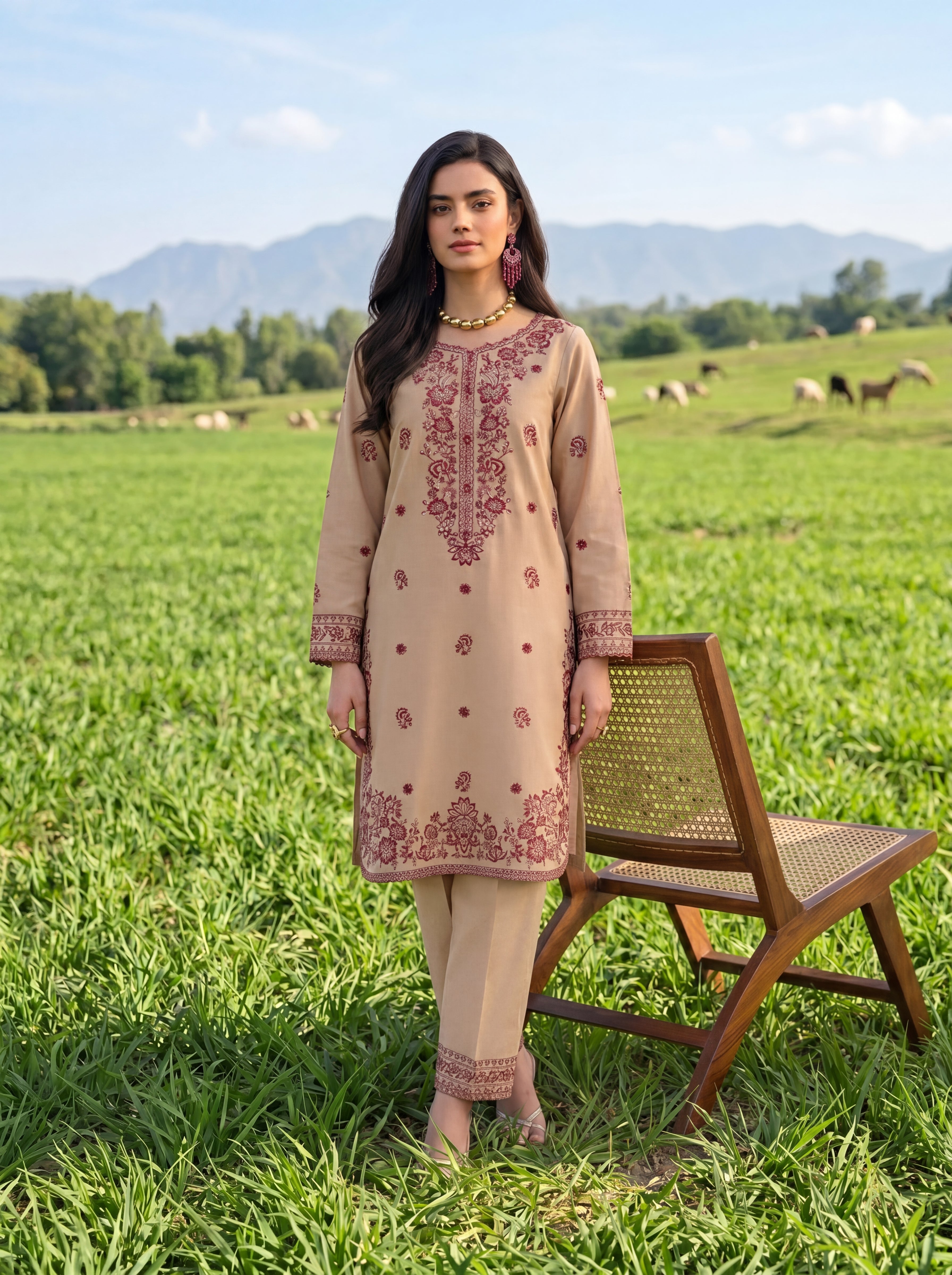 W25-132 2PC COTTON EMBROIDERED LAWN SHIRT WITH TROUSER.