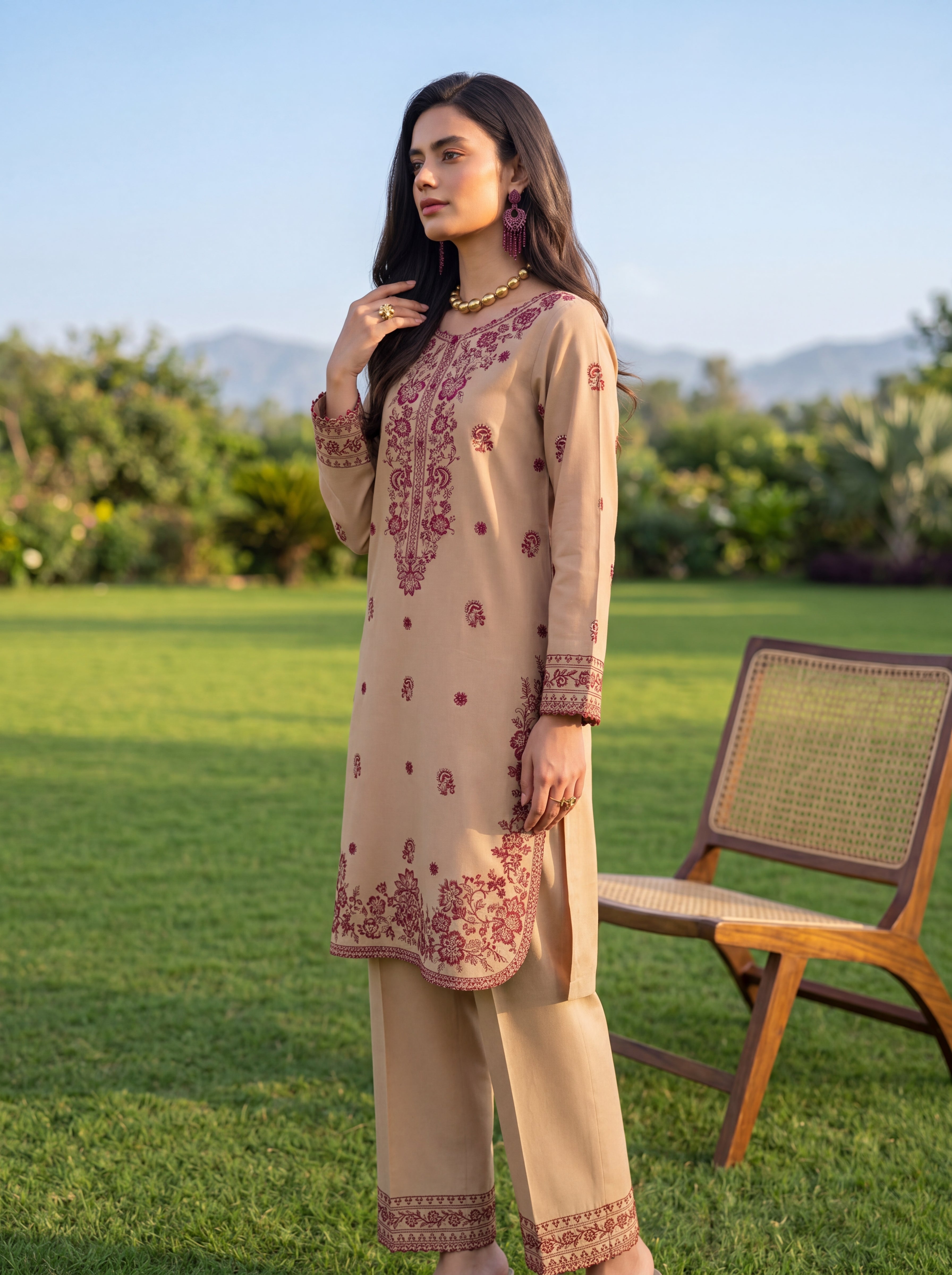 W25-132 2PC COTTON EMBROIDERED LAWN SHIRT WITH TROUSER.