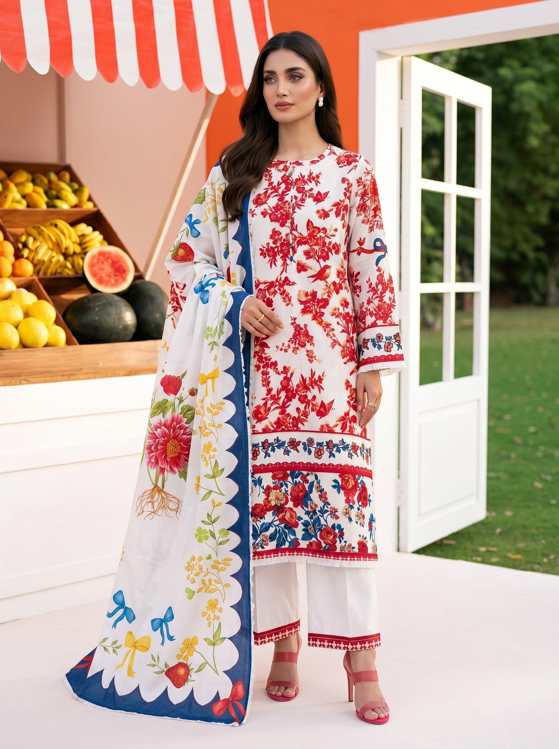 S-368 3PCS Lawn Printed Dress With Voile Chiffon Dupatta